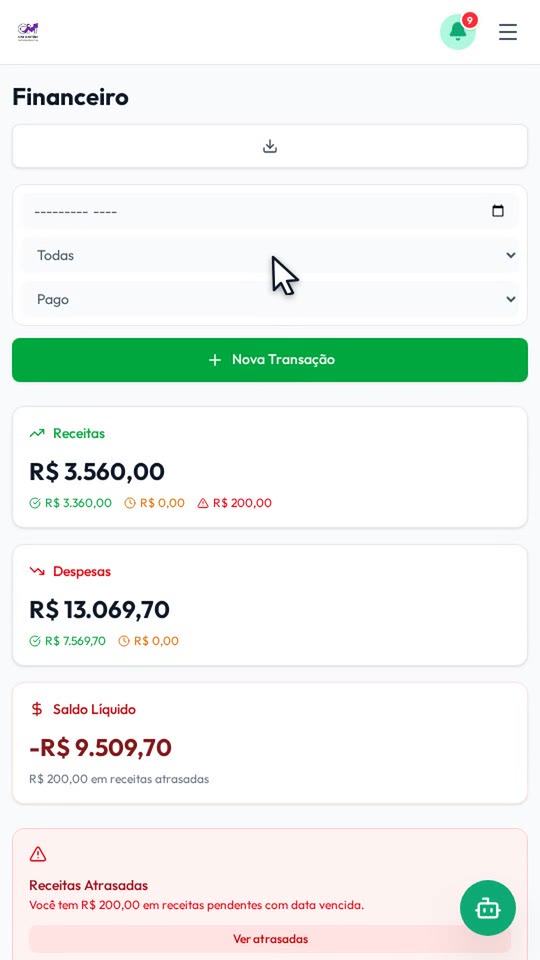 Tela do módulo Financeiro da CM Gestão no ambiente de demonstração: receitas, despesas e saldo líquido